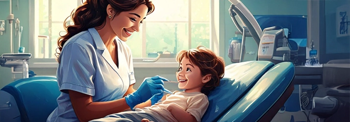 A photorealistic image of a dental office where a friendly pediatric dentist with dental tool in hand is treating a young child. A photorealistic image of a dental office where a friendly pediatric dentist with dental tool in hand is treating a young child.