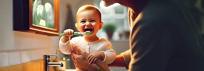 Photorealistic of a happy baby with a toothbrush in their mouth, sitting in a well-lit bathroom with a parent gently guiding them. Photorealistic of a happy baby with a toothbrush in their mouth, sitting in a well-lit bathroom with a parent gently guiding them.