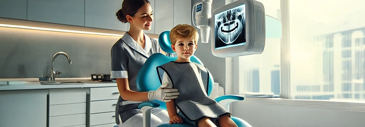 Photorealistic image of a young child sitting in a dental chair, wearing a protective lead apron while getting a dental x-ray.