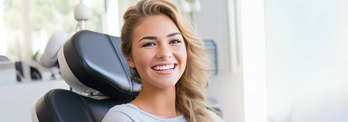 Woman with blonde hair swept over shoulder smiles broadly and brightly from the exam chair Woman with blonde hair swept over shoulder smiles broadly and brightly from the exam chair