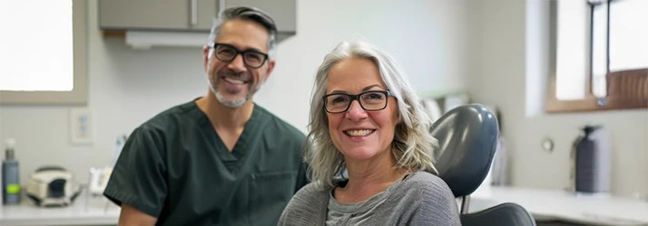 Smiling white haired middle aged woman in grey wearing black glasses smiles with a bearded grey haired dental assistant also wearing black glasses and grey scrubs smiling nearby in the background Smiling white haired middle aged woman in grey wearing black glasses smiles with a bearded grey haired dental assistant also wearing black glasses and grey scrubs smiling nearby in the background