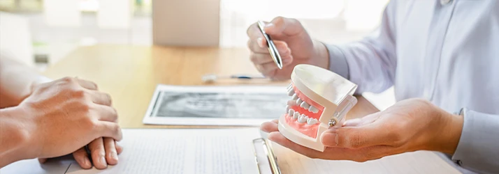 Oral surgeon consulting with patient, explaining procedure with dental model. Oral surgeon consulting with patient, explaining procedure with dental model.
